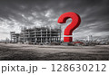 Uncertainty in construction: A bold red question mark looms over a gray building under construction, symbolizing project unknowns and potential challenges. 128630212
