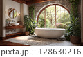 Botanical Spa Bathroom: Nature's Embrace. Soaking tub, greenery, stone. Experience tranquility with a garden view bathroom. 128630216
