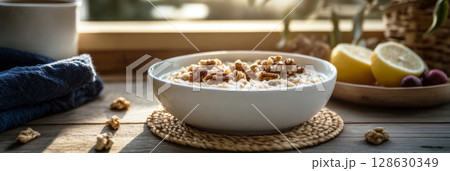A bowl of creamy yogurt sits on a wooden table, topped with crunchy granola and fresh blueberries, capturing the essence of a relaxed breakfast on a beautiful morning, banner 128630349