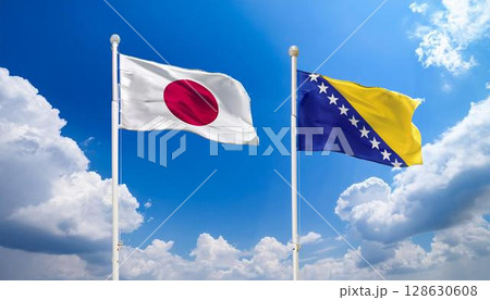日本の国旗とボスニア・ヘルツェゴビナの国旗 日本の国旗とボスニア・ヘルツェゴビナの国旗 128630608