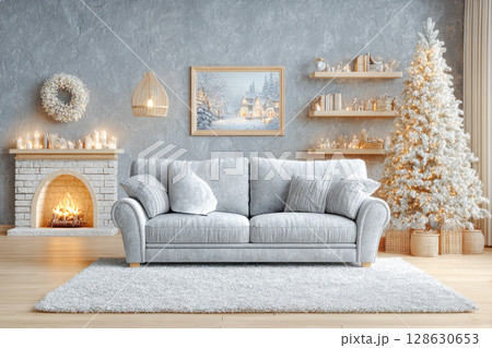 Cozy living room with gray sofa, festive decorations, and warm fireplace ambiance 128630653