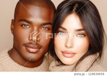 African American man and Caucasian woman smiling together in cozy sweaters with warm tones 128630656