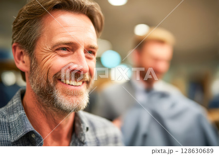 Smiling man with beard wearing plaid shirt in clothing store with blurred background Smiling man with beard wearing plaid shirt in clothing store with blurred background 128630689