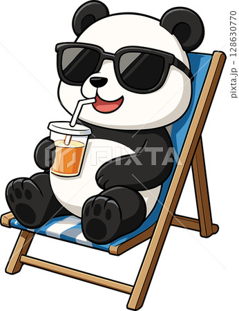 ビーチチェアでくつろぐパンダのイラスト ビーチチェアでくつろぐパンダのイラスト 128630770