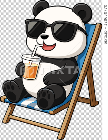 ビーチチェアでくつろぐパンダのイラスト ビーチチェアでくつろぐパンダのイラスト 128630770
