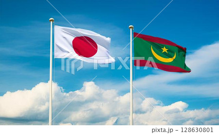 日本の国旗とモーリタニアの国旗 日本の国旗とモーリタニアの国旗 128630801