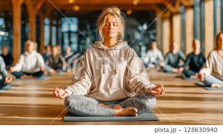 Woman practicing yoga in serene studio with natural light and peaceful atmosphere 128630940