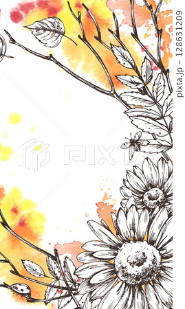 Vertical rectangular autumn frame with sunflowers, leaves, twigs and bright watercolor splashes. Hand-drawn illustration combining ink line drawing and expressive accents. Vertical rectangular autumn frame with sunflowers, leaves, twigs and bright watercolor splashes. Hand-drawn illustration combining ink line drawing and expressive accents. 128631209