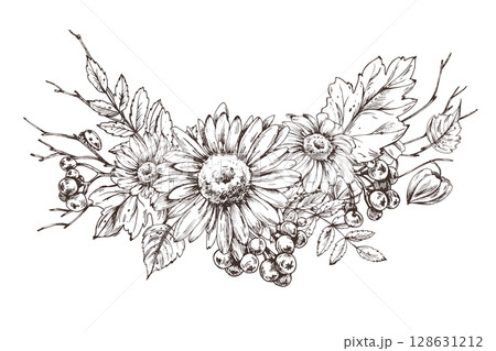 Symmetrical horizontal floral composition with autumn wildflowers, leaves, and berries. Elegant hand drawn line art illustration suitable for headers, packaging, and decoration. 128631212