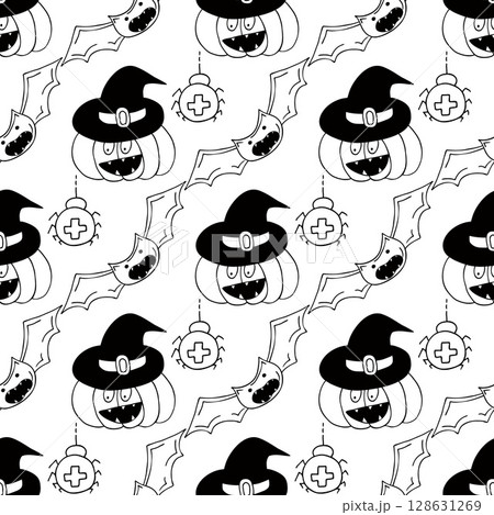 Halloween Monochrome pattern in hand draw style 128631269