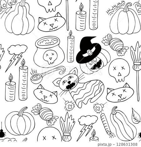 Halloween Monochrome pattern in hand draw style Halloween Monochrome pattern in hand draw style 128631308