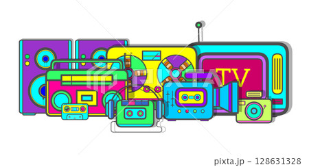 Set of retro technics 90s.Vintage Audio recorder and player.Vector illustration . 128631328