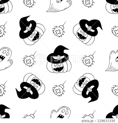 Halloween Monochrome pattern in hand draw style 128631330