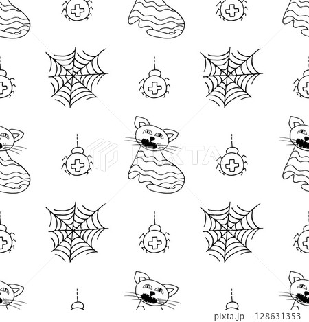 Halloween Monochrome pattern in hand draw style 128631353