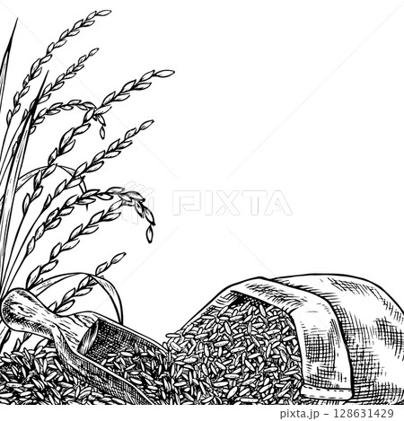 Frame - border with burlap bags and a wooden bowl with rice. Black and white graphics, vector illustrations. Design element for menus, recipes, and cookbooks. For banners, flyers, packaging, and label 128631429