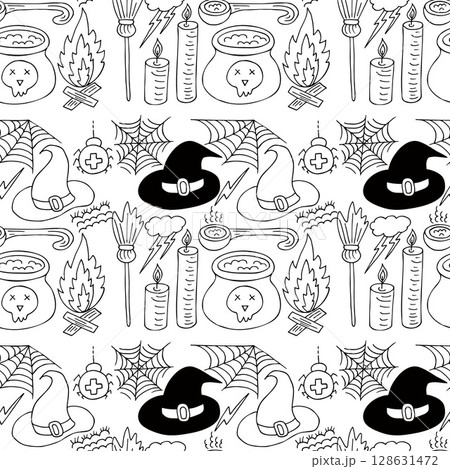 Halloween Monochrome pattern in hand draw style Halloween Monochrome pattern in hand draw style 128631472