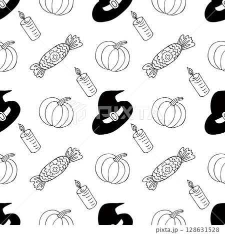 Halloween Monochrome pattern in hand draw style 128631528