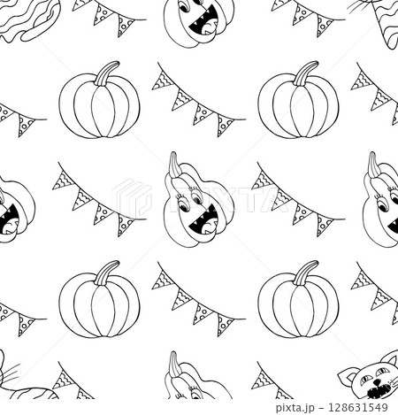 Halloween Monochrome pattern in hand draw style 128631549