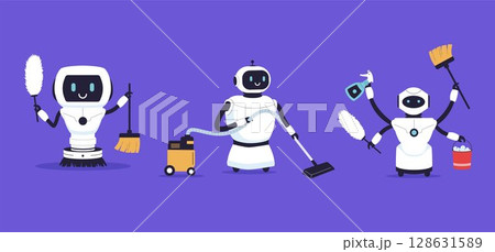 Vector Collection of Cute Robots Cleaning with Tools 128631589