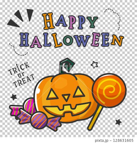 かぼちゃとお菓子のポップなハロウィンのイラスト 128631605