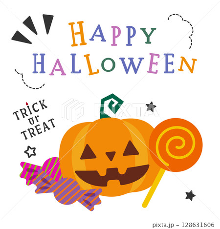 かぼちゃとお菓子のポップなハロウィンのイラスト かぼちゃとお菓子のポップなハロウィンのイラスト 128631606
