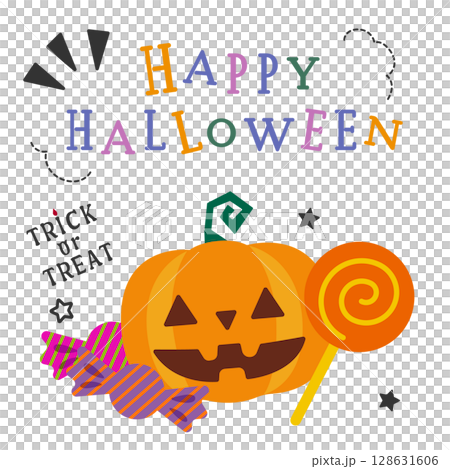 かぼちゃとお菓子のポップなハロウィンのイラスト かぼちゃとお菓子のポップなハロウィンのイラスト 128631606