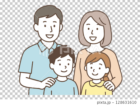 笑顔の家族4人のイラスト（父・母・息子・娘） 128631610
