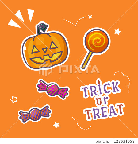 ジャックオーランタンとお菓子のかわいいハロウィンイラストセット 128631658