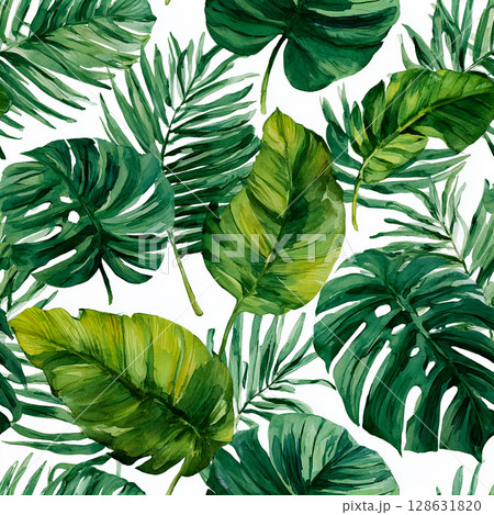 Seamless Tropical Watercolor Pattern with Monstera, Banana Leaves, and Palm Fronds 128631820