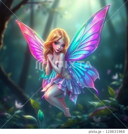 蝶々のような光る羽をもつ森の妖精 蝶々のような光る羽をもつ森の妖精 128631968