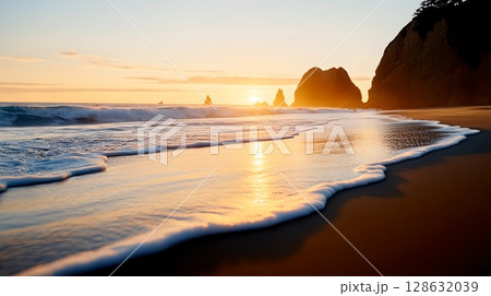 Serene image of a peaceful beach at sunset with glowing waves gently washing up on the shore and reflecting the warm colorful sky Serene image of a peaceful beach at sunset with glowing waves gently washing up on the shore and reflecting the warm colorful sky 128632039