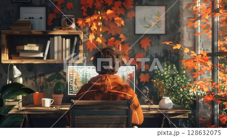Person working at a computer with autumn leaves and plants in the background. 128632075
