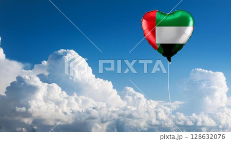 アラブ首長国連邦の国旗のハート型の風船と青空 128632076