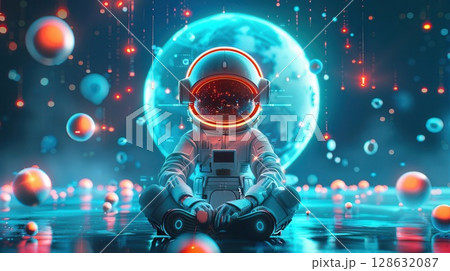 Astronaut in futuristic space suit sits amidst glowing orbs and a neon moon. 128632087