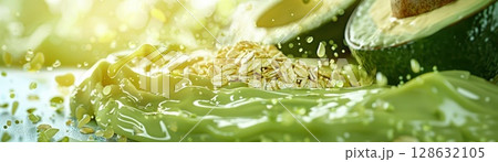 Close-up of green avocado being cut, splashing water droplets and seeds Close-up of green avocado being cut, splashing water droplets and seeds 128632105