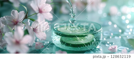 Cucumber slices in water with cherry blossoms. 128632119