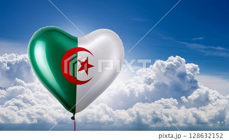 アルジェリアの国旗のハート型の風船と青空 アルジェリアの国旗のハート型の風船と青空 128632152