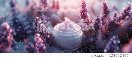 Cream jar in lavender field, natural beauty product, skincare. 128632163