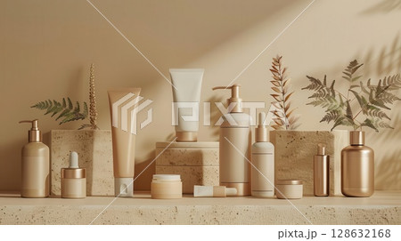 Minimalist arrangement of skincare products on a neutral background with natural elements. 128632168