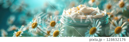 Close-up of a 3D-rendered jar of organic face cream with visible chamomile petals and a soft, creamy texture, photorealistic, pastel colors Close-up of a 3D-rendered jar of organic face cream with visible chamomile petals and a soft, creamy texture, photorealistic, pastel colors 128632176