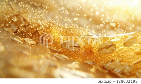 Close-up of golden liquid swirling with bubbles and light. 128632195