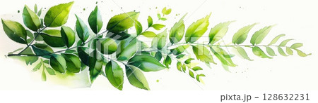 Watercolor fern with bold colors and expressive strokes, isolated on white background, slightly tilted view, artistic and dynamic 128632231