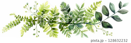Watercolor fern with delicate fronds, vibrant green hues, isolated on white background, soft focus, top-down view, light and airy style Watercolor fern with delicate fronds, vibrant green hues, isolated on white background, soft focus, top-down view, light and airy style 128632232