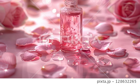 Rose essential oil bottle with petals on pink background. Rose essential oil bottle with petals on pink background. 128632265