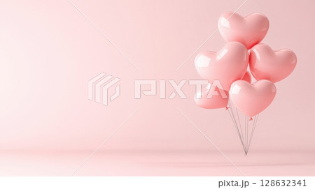 Pink Heart Shaped Balloons Floating in the Air on a Romantic Valentine s Day Background 128632341
