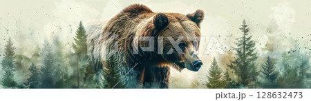 A majestic brown bear stands in a misty forest, looking intently towards the right. 128632473
