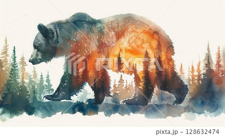 A majestic brown bear walks through a forest, with the trees and sky appearing as a vibrant silhouette within its body. 128632474