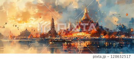 Watercolor painting of a traditional Thai temple by a river, surrounded by people releasing krathongs, soft colors, and festive atmosphere Watercolor painting of a traditional Thai temple by a river, surrounded by people releasing krathongs, soft colors, and festive atmosphere 128632517
