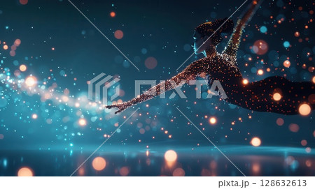 Woman levitating with glowing particles and streaks of light, abstract concept of magic, fantasy, and imagination. 128632613