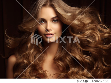 Beauty portrait of woman with brown shiny silky wavy hair on dark backround.Macro.AI Generative 128632628
